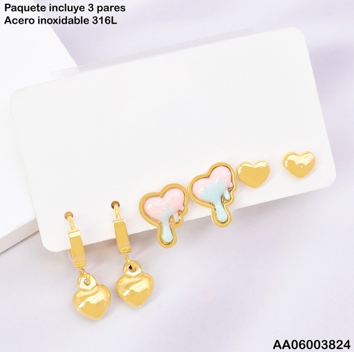 [AA06003824] PAQ. 3 PARES ARETES CORAZONES HUGGIE/DERRETIDO/LISO SA1265-45