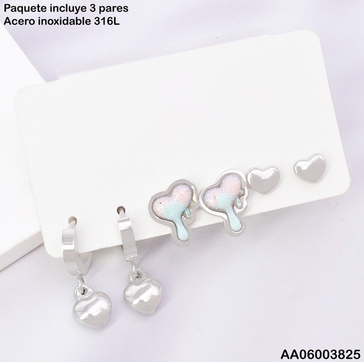 [AA06003825] PAQ.3  PARES ARETES PLAT CORAZONES HUGGIE/DERRETIDO/LISO SA1266-45