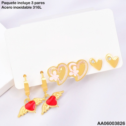 [AA06003826] PAQ.3 PARES ARETES CORAZONES C/ALAS/MARIPOSA/ZIRC. SA1267-45