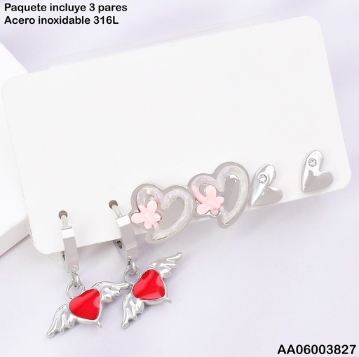 [AA06003827] PAQ.3 PARES ARETES PLAT CORAZONES C/ALAS/MARIPOSA/ZIRC. SA1268-45