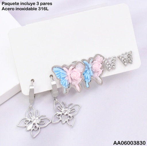 [AA06003830] PAQ. 3 ARETES PLAT MARIPOSAS CROQUI/ CELESTE & ROSA/ ZIRC. SA1270-45