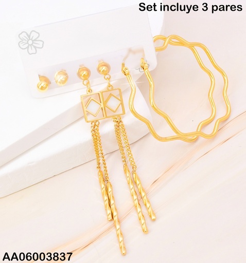 [AA06003837] PAQ. 3 PARES ARETES PELOTITA/RECT. ROMBO CENTRO/ ARGOLLA FLOR SA1124-270