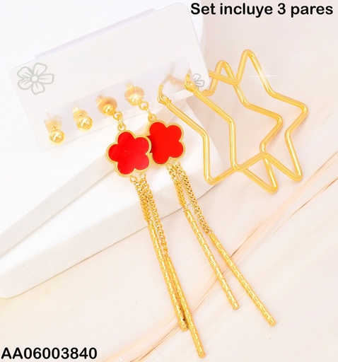 [AA06003840] PAQ. 3 PARES ARETES PELOTITAS/ FLOR ROJA/ARGOLLA ESTRELLA SA1126-270