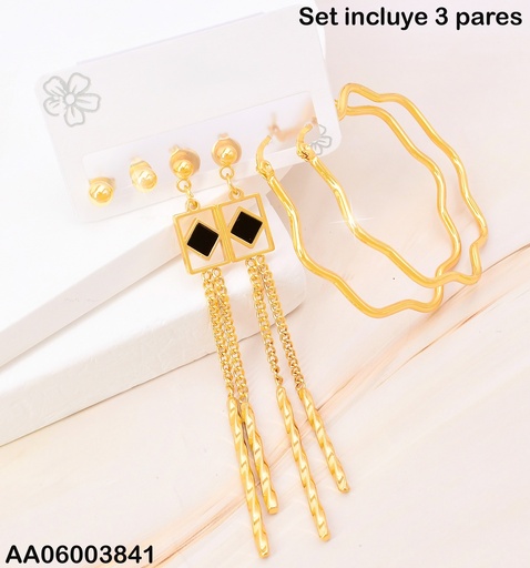 [AA06003841] PAQ. 3 PARES ARETES PELOTITA/RECT. ROMBO CENTRO NEGRO/ ARGOLLA FLOR SA1125-270