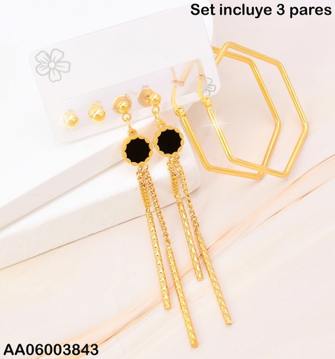 [AA06003843] PAQ. 3 PARES ARETES PELOTITA/PLACA RD NEGRA/ARGOLLA HEXAGONO SA1127-270
