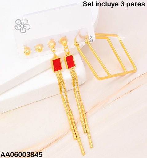 [AA06003845] PAQ. 3 PARES ARETES PELOTITA/ RECT. ROJO/ARGOLLA ROMBO SA1136-270
