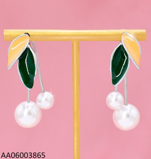 [AA06003865] ARETES PLAT. 2 HOJAS BEIGE/VERDE C/PERLA KE111555-WGLN