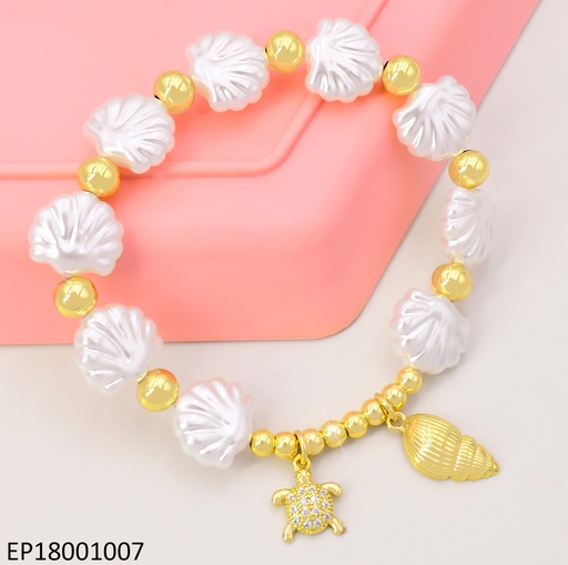 [EP18001007] PULSERA OSTRAS BLANCAS/PELOTITAS DOR.DIJES:🐢/🐚BE750-294