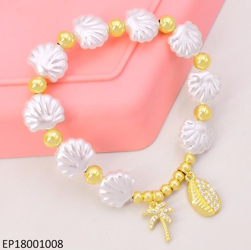 [EP18001008] PULSERA OSTRAS BLANCAS/PELOTITAS DOR.DIJES:🌴/OV BE751-294