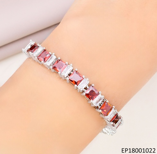 [EP18001022] PULSERA PLAT.CUADROS ZIRC.ROJAS BE761-318