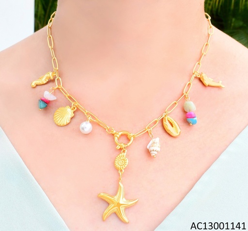 [AC13001141] CADENA DOR ESLAB. ALARGADOS DIJES DELFIN/CABALLITO/PERLA/ESTRELLA/PIEDRAS COLORES CA435-45