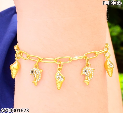 [AP04001623] PULSERA ESLAB LARGOS DIJES:DELFINES ZIRC./CARACOL KB203285-Z