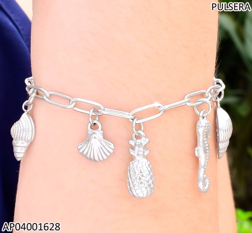 [AP04001628] PULSERA PLAT.ESLAB LARGOS DIJES:🍍/🐚/OSTRA/CABALLITO KB203287-Z
