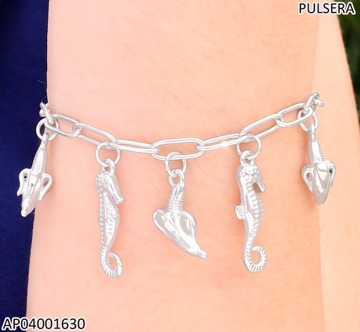 [AP04001630] PULSERA PLAT.ESLAB LARGOS DIJES:CABALLITOS MAR/🍌KB203288-Z
