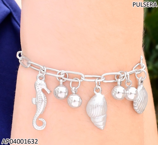 [AP04001632] PULSERA PLAT.ESLAB LARGOS DIJES:4 PELOTITAS/👠/🐚 KB203289-Z