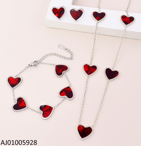 [AJ01005928] SET PLAT.5 CORAZONES ROJO VINO C/PULSERA 0017332-680