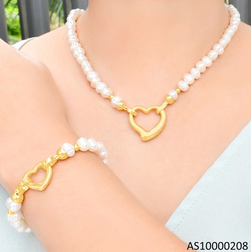 [AS10000208] SET DORADO PERLAS CADENA/PULSERA DIJE CROQUI CORAZON SA1074-45