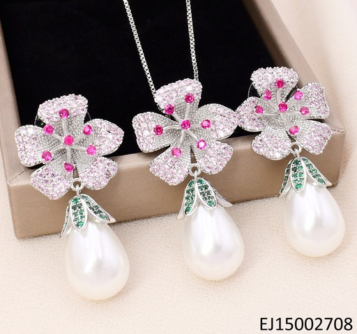 [EJ15002708] SET PLAT.FLOR ZIRC C/PISTILOS ZIRC COLGANTE PERLA BLANCA SE1257-6