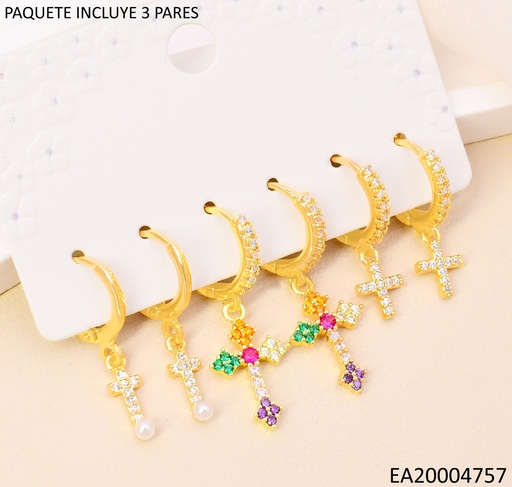 [EA20004757] PENDIENTES CIRCONITA CUBICA EN ORO 14K(SET3)/CRUZ SE1268-6