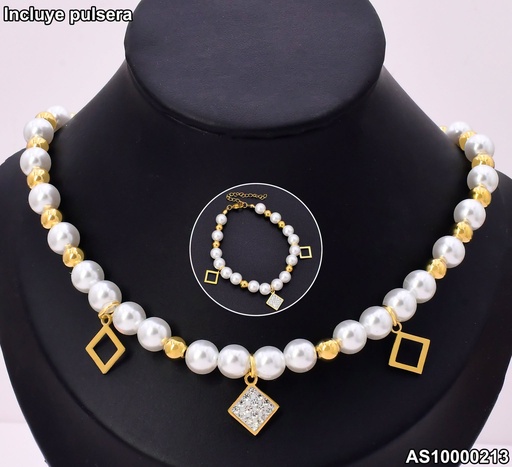 [AS10000213] SET CADENA & PULSERA PERLAS / PELOTITAS DOR 7069-731