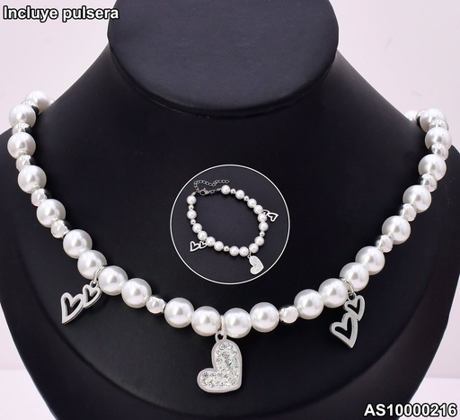 [AS10000216] SET PLAT CADENA & PULSERA PERLAS / PELOTITAS PLAT CORAZON 7362-731