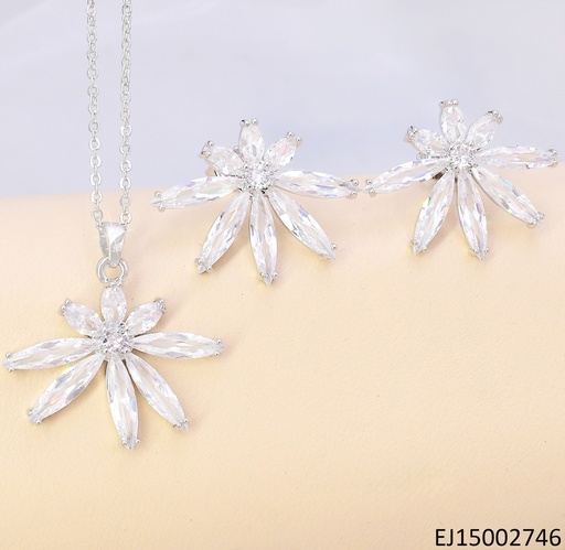 [EJ15002746] SET PLATEADO FLOR ZIRC. ALARGADA CRISTALES SE1037-3