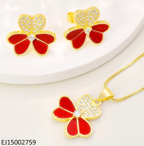 [EJ15002759] SET TREBOL 3 HOJAS PETALOS ROJOS/ZIRCONIAS SE1087-9