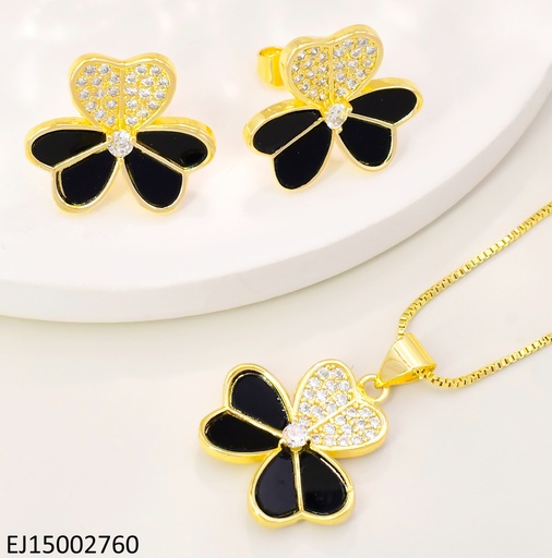 [EJ15002760] SET TREBOL 3 HOJAS PETALOS NEGROS/ZIRCONIAS SE1088-9