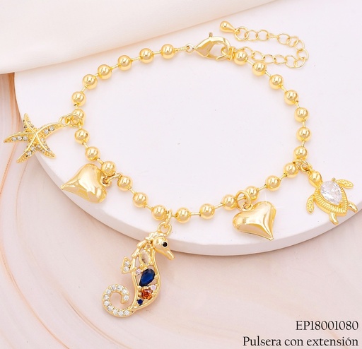 [EP18001080] PULSERA DOR PELOTITA DIJES CABALLITO DE MAR/ ESTRELLA/CORAZON/TORTUGA /ZIRC. BE745-9