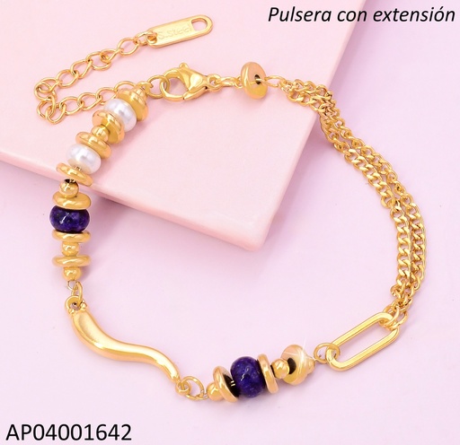 [AP04001642] PULSERA DOR CADENA DOBLE / RUEDA AZUL & DOR/PERLA /LINEA CURVA CENTRO BA2298-45