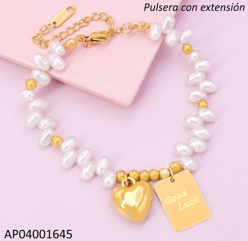 [AP04001645] PULSERA DORADA PERLAS DIJES CORAZON INF. /PLACA GOOD LUCK BA2119-45