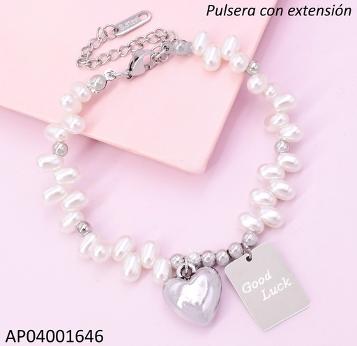 [AP04001646] PULSERA PLATEADA PERLAS DIJES CORAZON INF. /PLACA GOOD LUCK BA2120-45