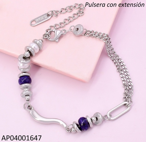 [AP04001647] PULSERA PLAT CADENA DOBLE / RUEDA AZUL & DOR/PERLA /LINEA CURVA CENTRO BA2299-45