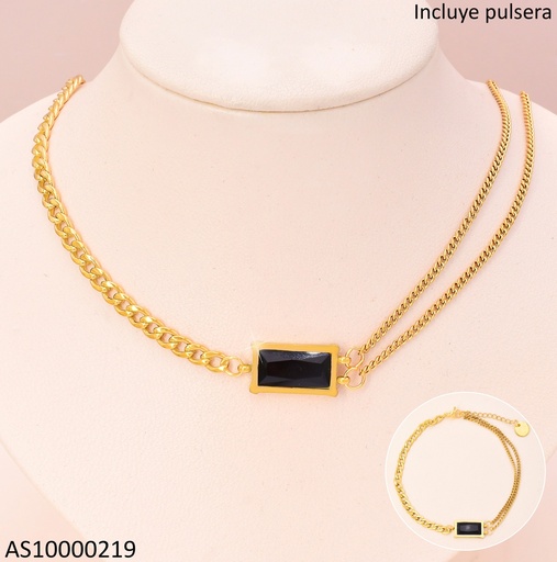 [AS10000219] SET CADENA /PULSERA DOR RECTANGULO HORIZ. NEGRO 0355-704