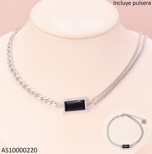 [AS10000220] SET PLAT CADENA /PULSERA DOR RECTANGULO HORIZ. NEGRO 7293-704