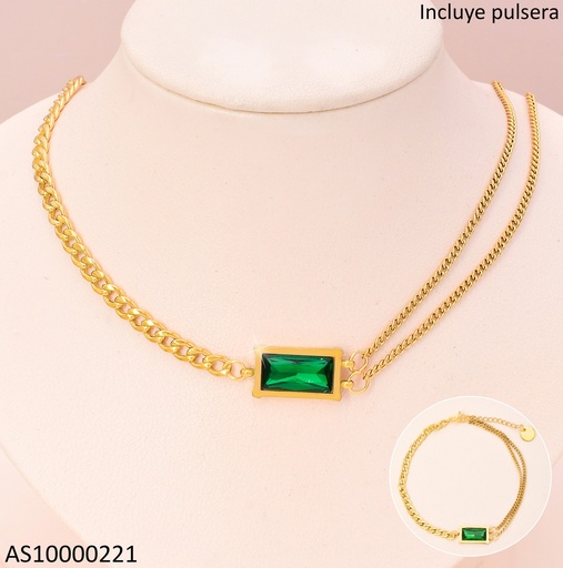 [AS10000221] SET CADENA /PULSERA DOR RECTANGULO HORIZ. VERDE 0354-704