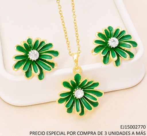 [EJ15002770] SET DORADO FLOR PETALOS ALARGADOS VERDE/ZIRC. CENTRO SE1348-110