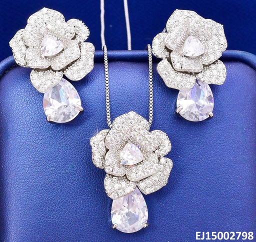 [EJ15002798] SET PLATEADO FLOR ZIRC/ ZIRC GOTA COLGANTE SE1255-6