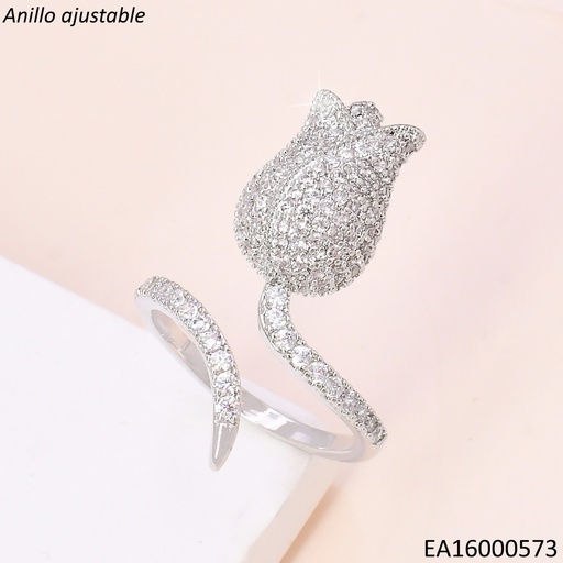 [EA16000573] ANILLO PLATEADO TULIPAN AJUSTABLE ZIRC. RE206-6