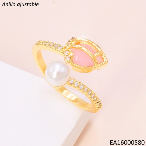 [EA16000580] ANILLO DOR AJUSTABLE TULIPAN ROSADO  / PERLA RE320-9