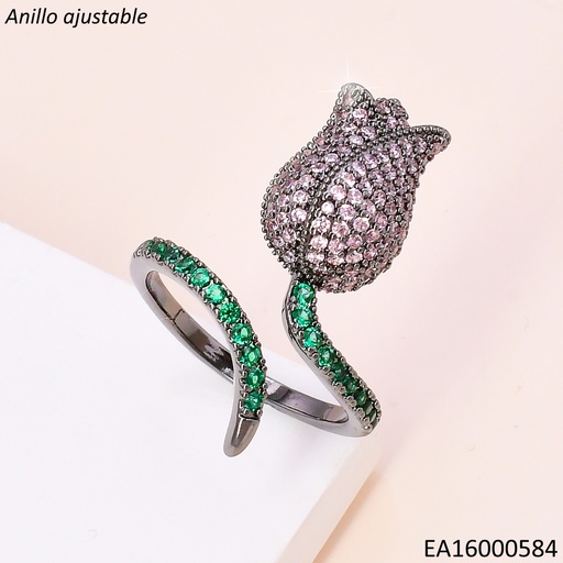 [EA16000584] ANILLO NEGRO TULIPAN /ZIRC. ROSADO RE203-6