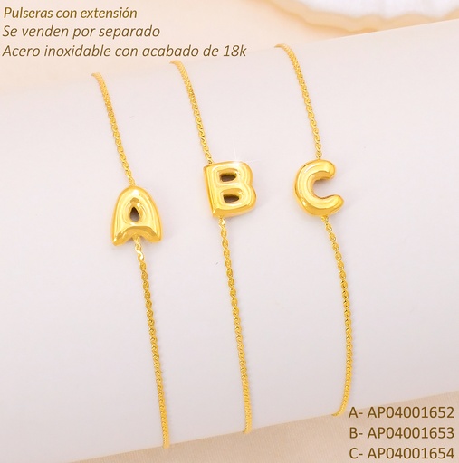 [AP04001652] PULSERA ACERO INOX. ACABADO 18K. LETRA "A "P25070040