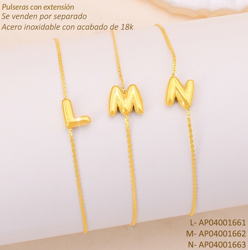 [AP04001663] PULSERA ACERO INOX. ACABADO 18K. LETRA "N" P25070040