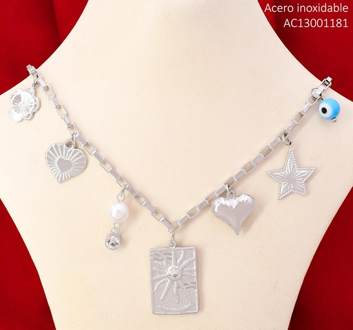 [AC13001181] CADENA PLATEADA VENECIANA DIJES FLOR/CORAZON/PERLA/OJO/ESTRELLA/SOL CA482-45