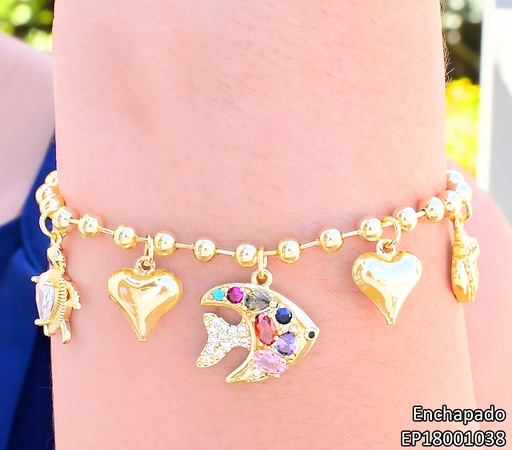 [EP18001038] PULSERA DORADA PELOTITAS DIJES PEZ/CORAZONES/TORTUGA (ENCANTO MARINO) BE563-9