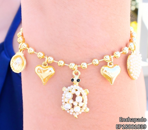 [EP18001039] PULSERA DORADA PELOTITAS DIJES OSTRA/CORAZONES/TORTUGA PERLAS (ENCANTO MARINO)BE564-9