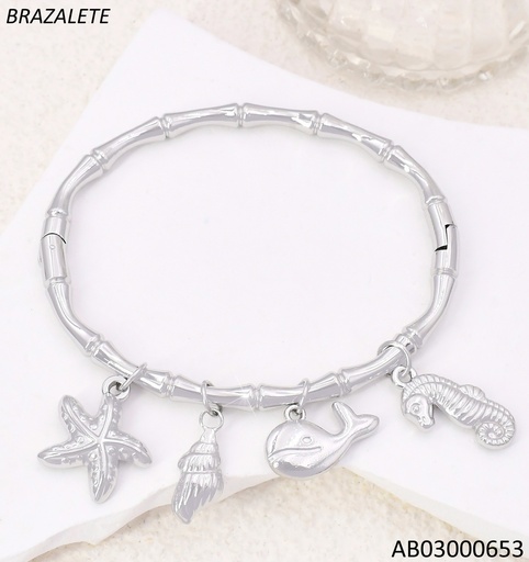 [AB03000653] BRAZALETE PLAT BAMBOO DIJES ESTRELLA /BALLENA/CABALLITO DE MAR/CONCHA BA2293-45