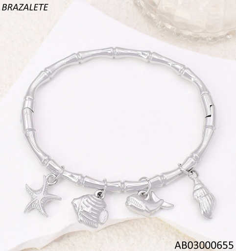 [AB03000655] BRAZALETE PLAT BAMBOO DIJES ESTRELLA /BALLENA/CABALLITO DE MAR/CONCHA BA2297-45