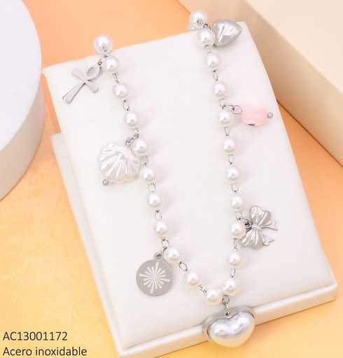 [AC13001172] CADENA PLAT PERLAS / CRUZ/ PERLA/LAZO/CORAZON CA488-45