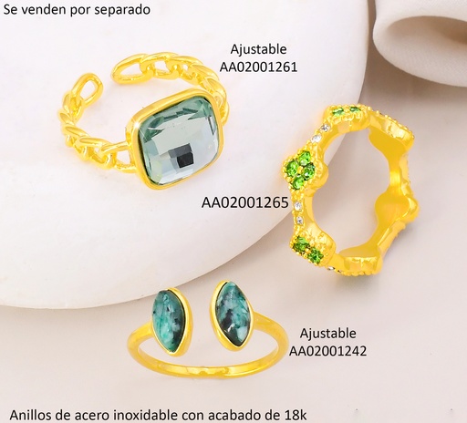 [AA02001242] ANILLO ACERO INOX. ACABADO 18K. AJUSTABLE PIEDRA VERDE NATURAL CENTRO P25070144001